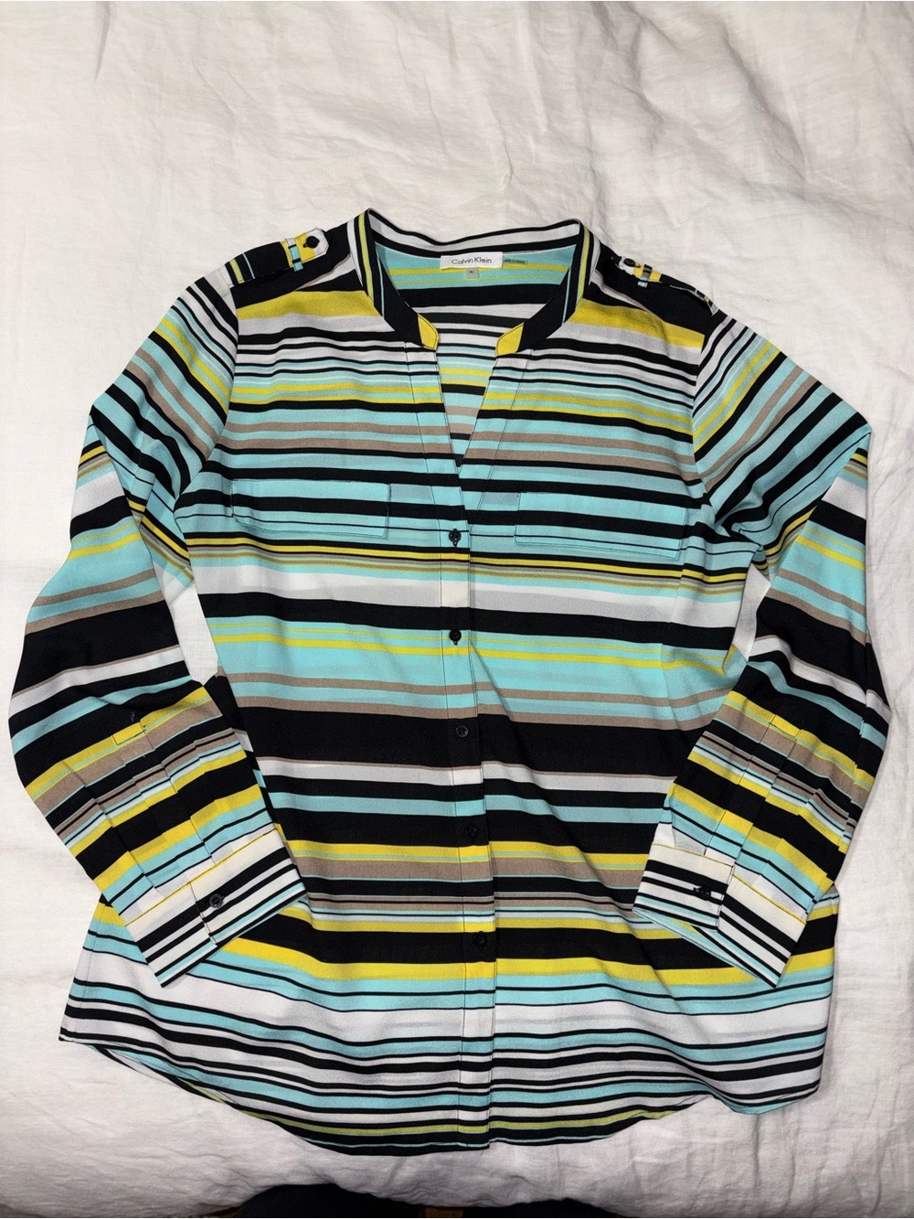 Calvin Klein Aqua, Black & Yellow Striped Button-Front Top
